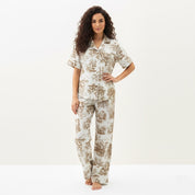 Dense Flower Ladies Linen Material Pajama Set - Cream
