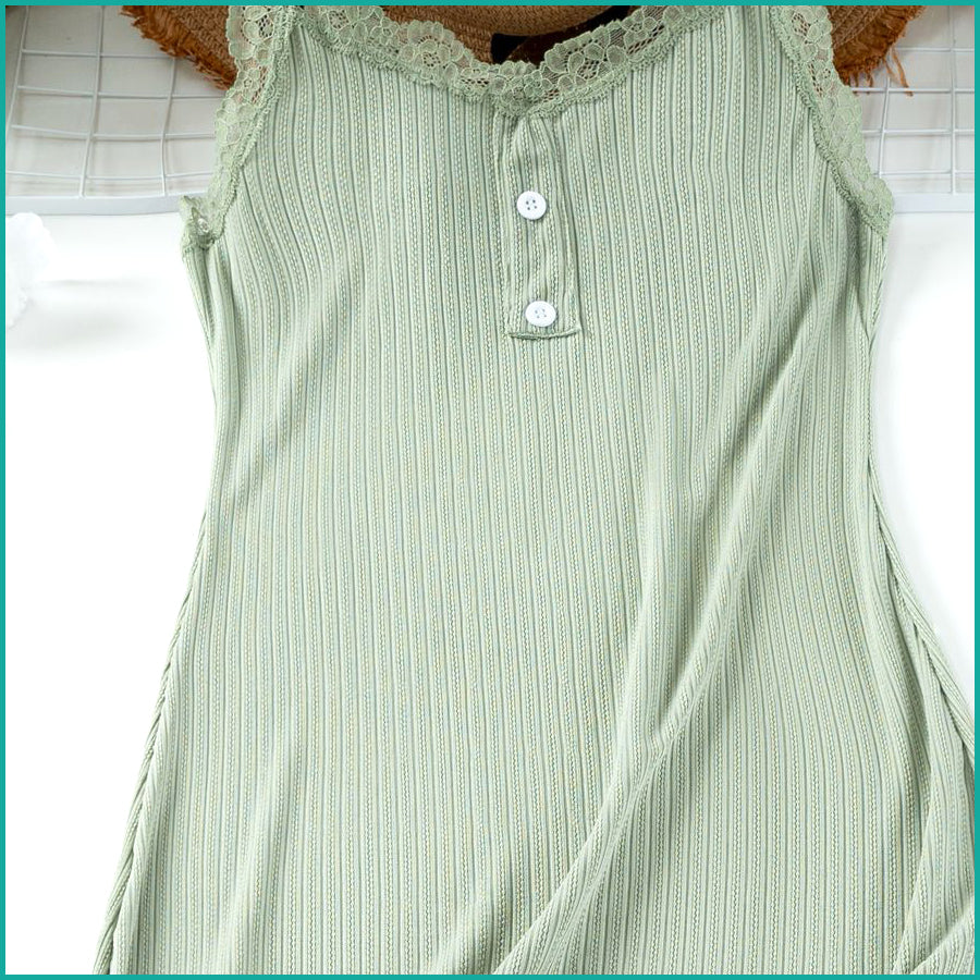 Ladies Soft Ribbed Knit Lilac Nightdress with Lace Trim and Button - Green