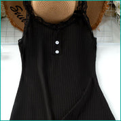 Ladies Soft Ribbed Knit Lilac Nightdress with Lace Trim and Button - Black
