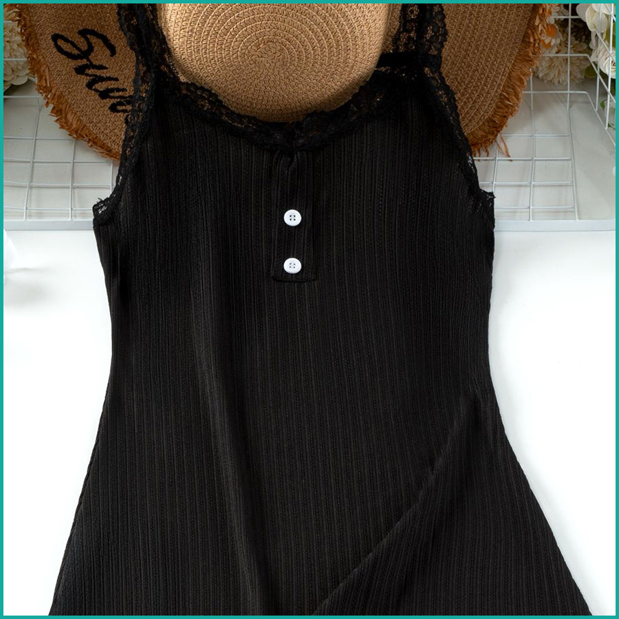 Ladies Soft Ribbed Knit Lilac Nightdress with Lace Trim and Button - Black