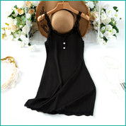 Ladies Soft Ribbed Knit Lilac Nightdress with Lace Trim and Button - Black