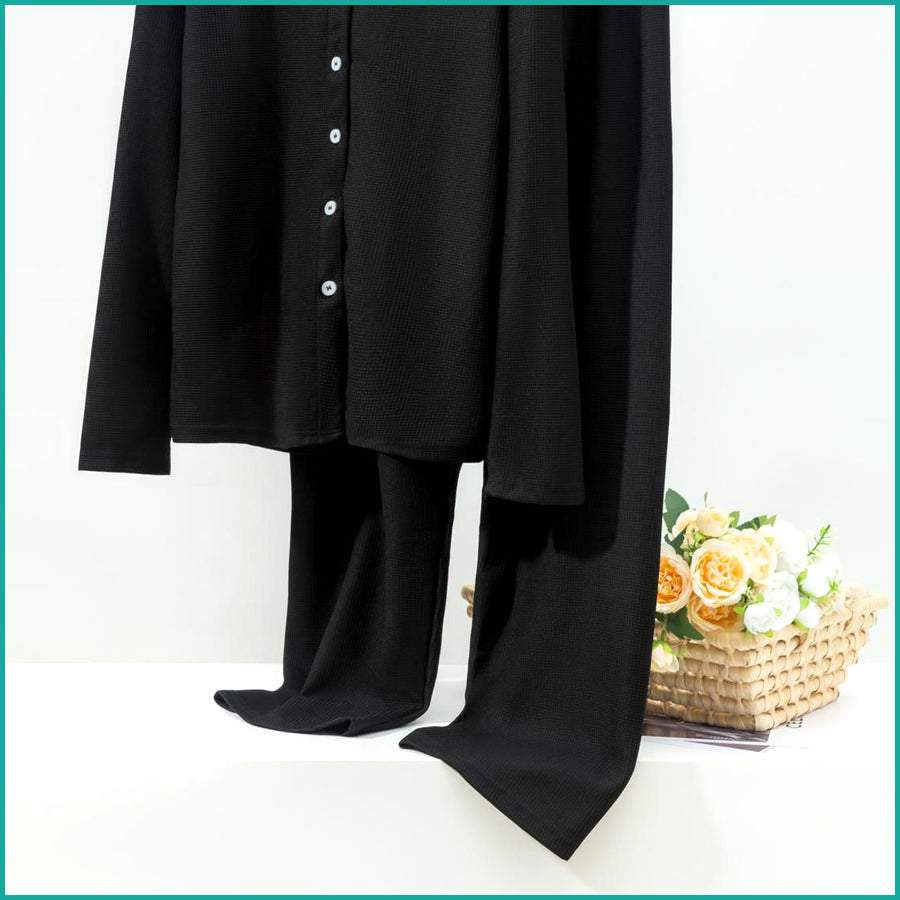 V-Neck Plain Full Sleeves Ladies Pajama Set - Black