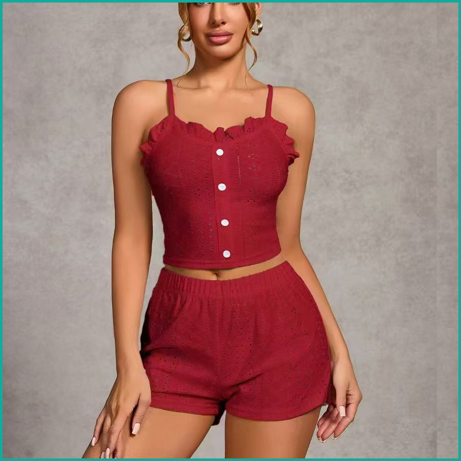 Plain Ladies Crop Top Shorts Set - Red