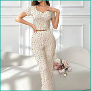 Mini Floral Ladies Loungewear Pajama Set -Cream