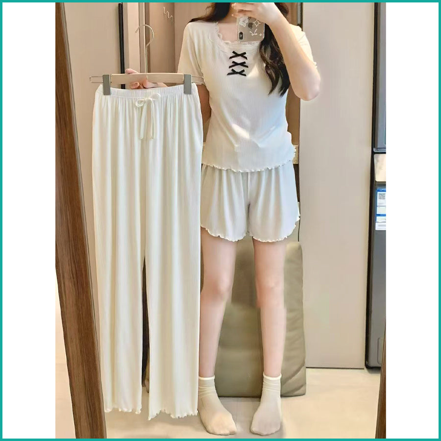 Ladies 3 Pcs Set Loungewear Pajama Set - White