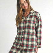 Checks Ladies Front Open Pajama Set - Grey Red