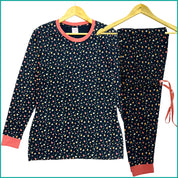 Small Flowers Ladies Full Sleeves Cotton Pajama Set - Dark Blue