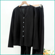 V-Neck Plain Full Sleeves Ladies Pajama Set - Black