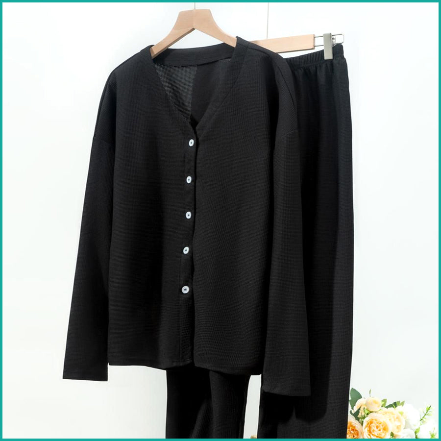 V-Neck Plain Full Sleeves Ladies Pajama Set - Black