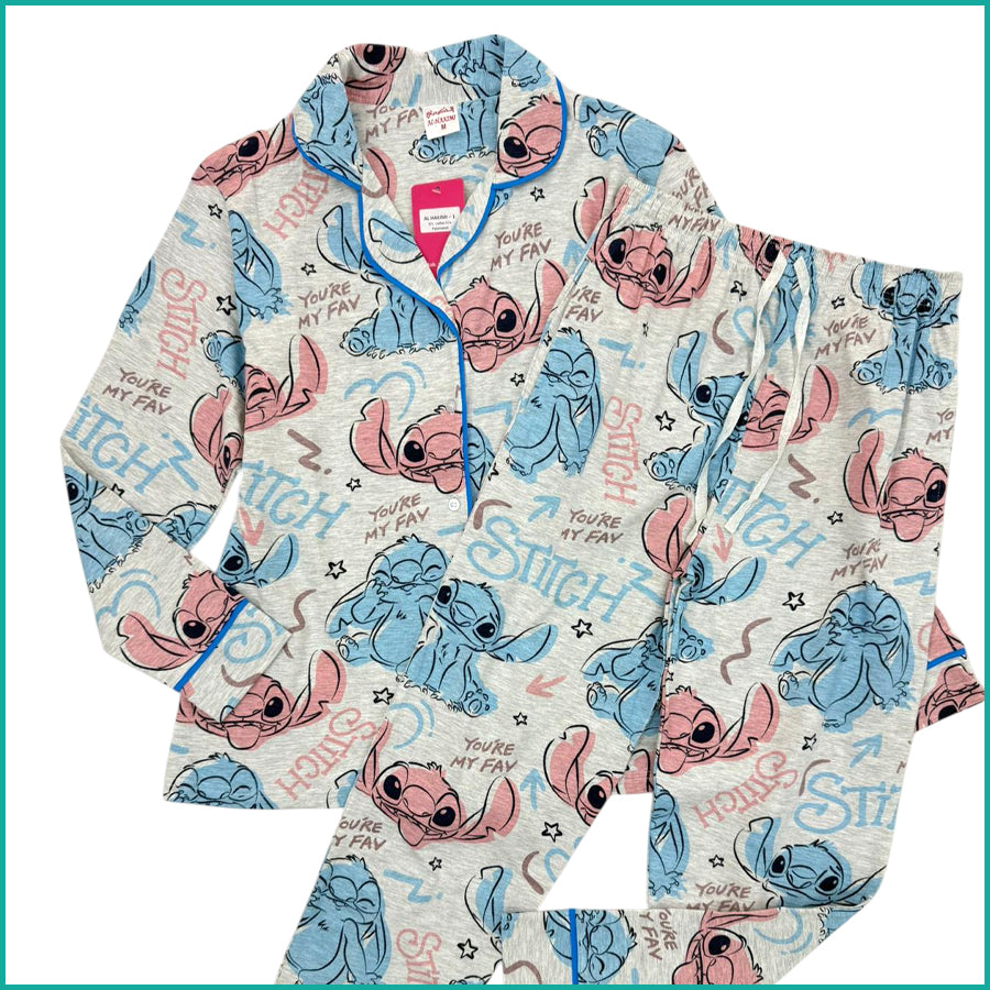 Fav Stitch Ladies Cotton Front Open Pajama Set - Grey