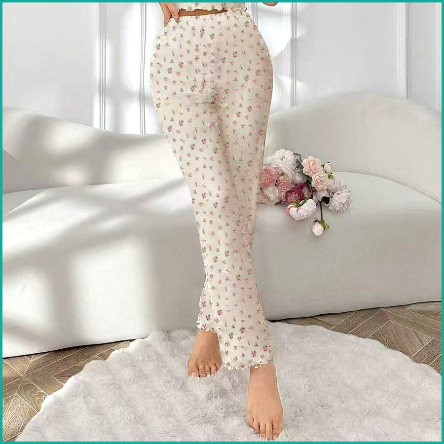 Mini Floral Ladies Loungewear Pajama Set -Cream
