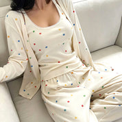 Colorful Dots Ladies 3 Pcs Pajama Set - White