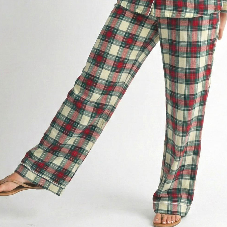 Checks Ladies Front Open Pajama Set - Grey Red