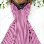 Ribbed Lilac Nightdress with Lace Neckline and Side Slit - Purple