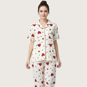 Heart Love Ladies 3 Pcs Pajama Set - White