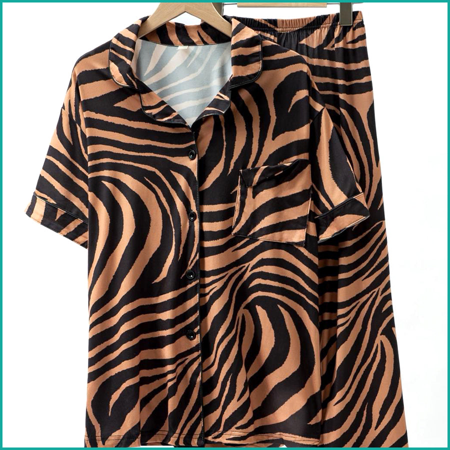 Zebra Print Ladies Front Open Pajama Set - Brown