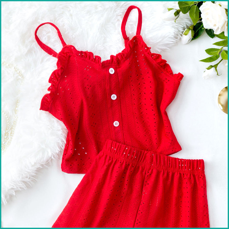 Plain Ladies Crop Top Shorts Set - Red