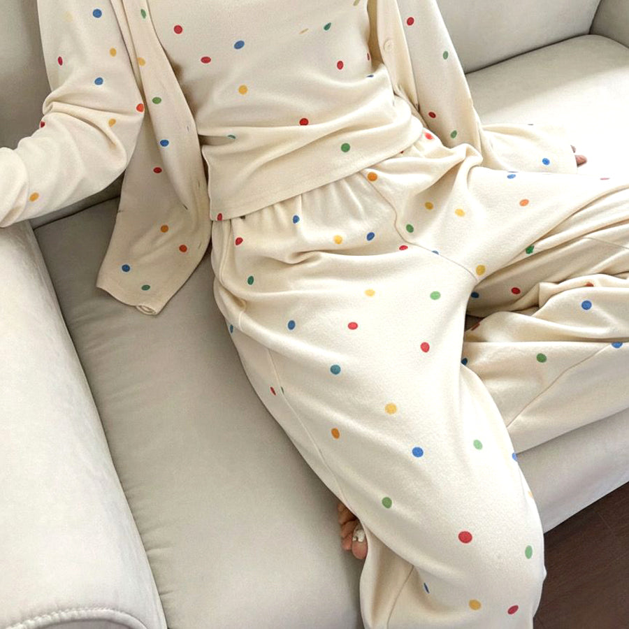 Colorful Dots Ladies 3 Pcs Pajama Set - White