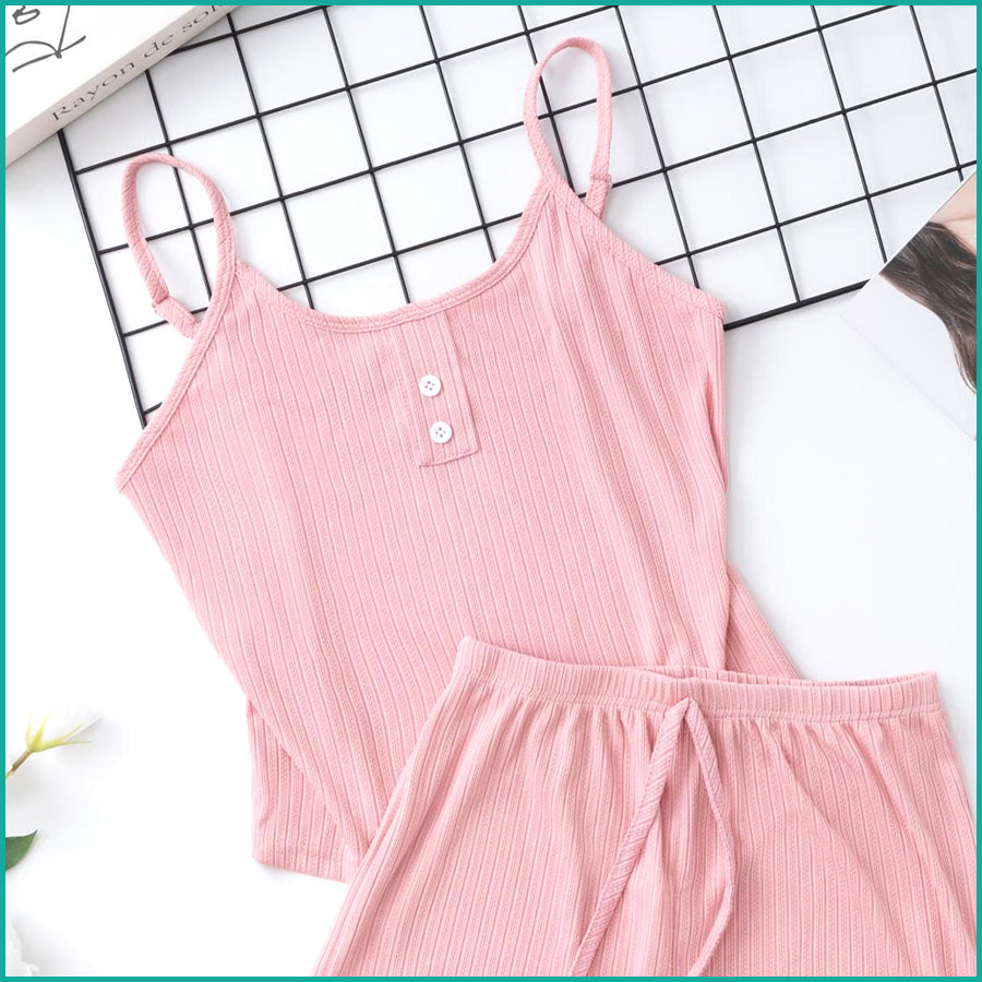 Plain 2 Buttons Ladies Shorts Set - Pink