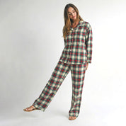 Checks Ladies Front Open Pajama Set - Grey Red