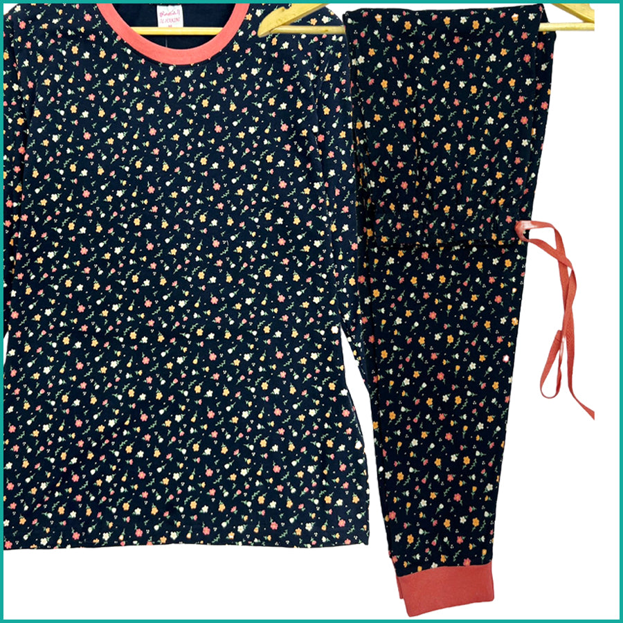 Small Flowers Ladies Full Sleeves Cotton Pajama Set - Dark Blue