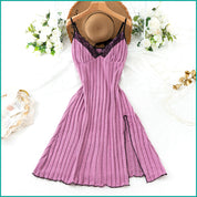 Ribbed Lilac Nightdress with Lace Neckline and Side Slit - Purple