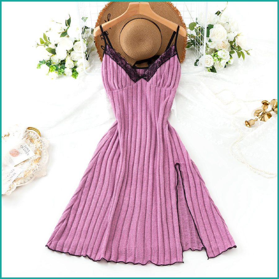 Ribbed Lilac Nightdress with Lace Neckline and Side Slit - Purple