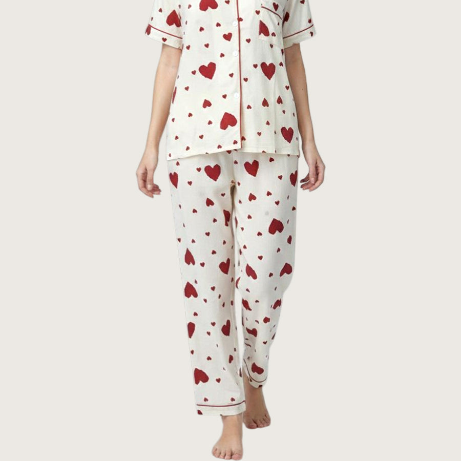 Heart Love Ladies 3 Pcs Pajama Set - White