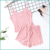 Plain 2 Buttons Ladies Shorts Set - Pink