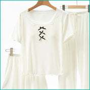 Ladies 3 Pcs Set Loungewear Pajama Set - White