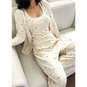 Colorful Dots Ladies 3 Pcs Pajama Set - White