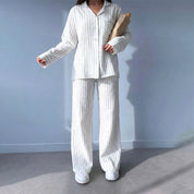 All Strips Ladies Front Open Pajama Set - White