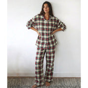 Checks Ladies Front Open Pajama Set - Grey Red