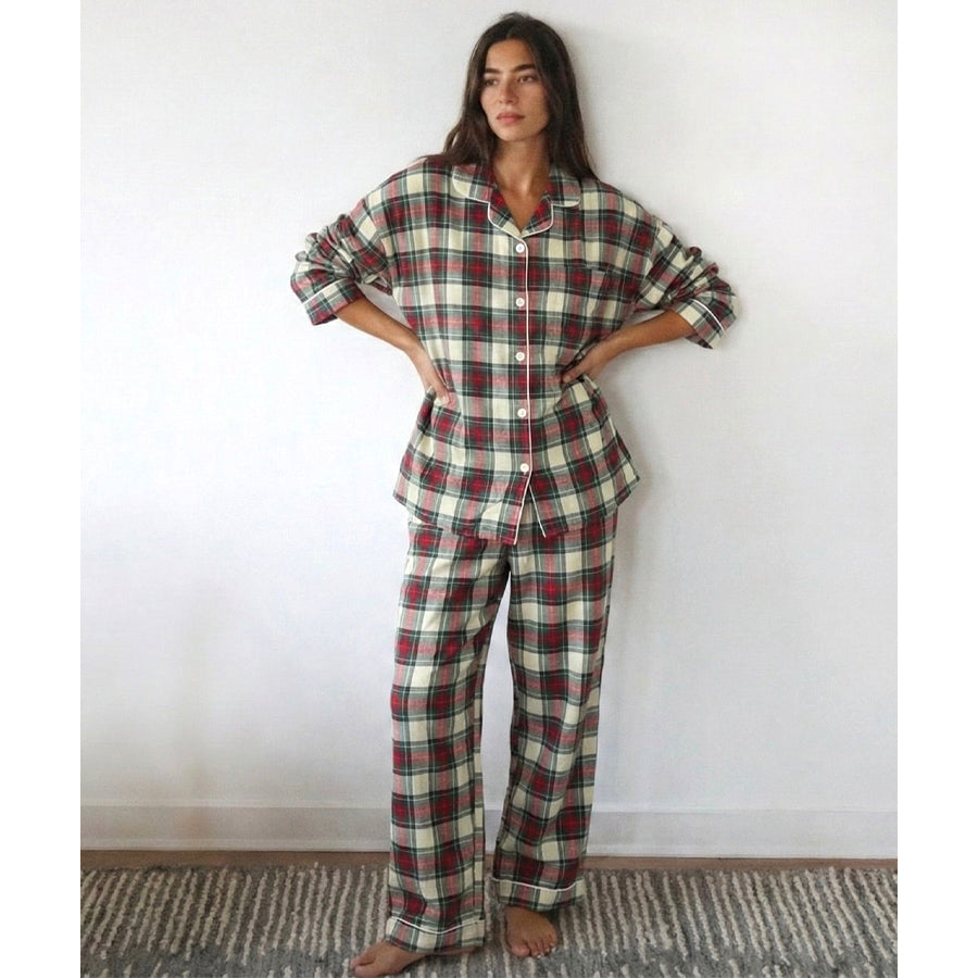 Checks Ladies Front Open Pajama Set - Grey Red