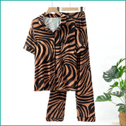 Zebra Print Ladies Front Open Pajama Set - Brown