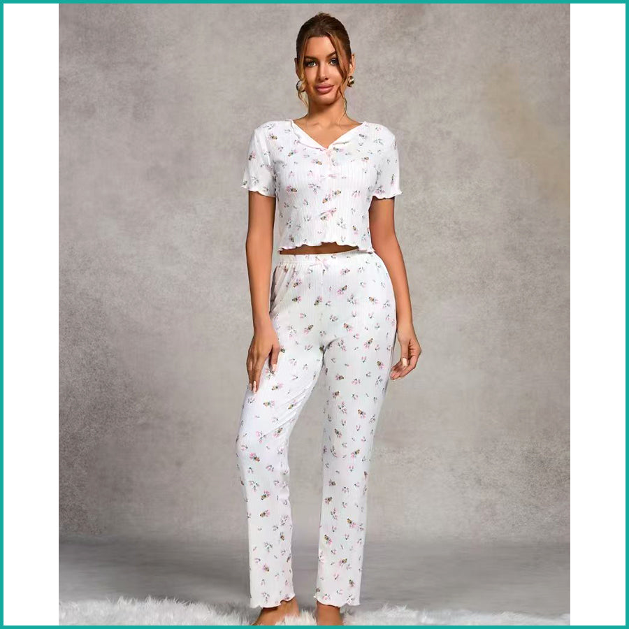 Tulips Ladies Crop T-Shirt Loungewear Pajama Set - White