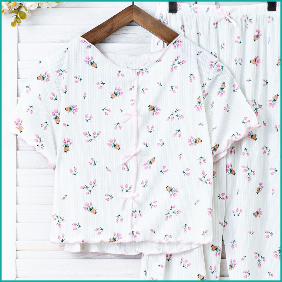 Tulips Ladies Crop T-Shirt Loungewear Pajama Set - White