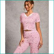 Tulips Ladies Crop T-Shirt Loungewear Pajama Set - Pink