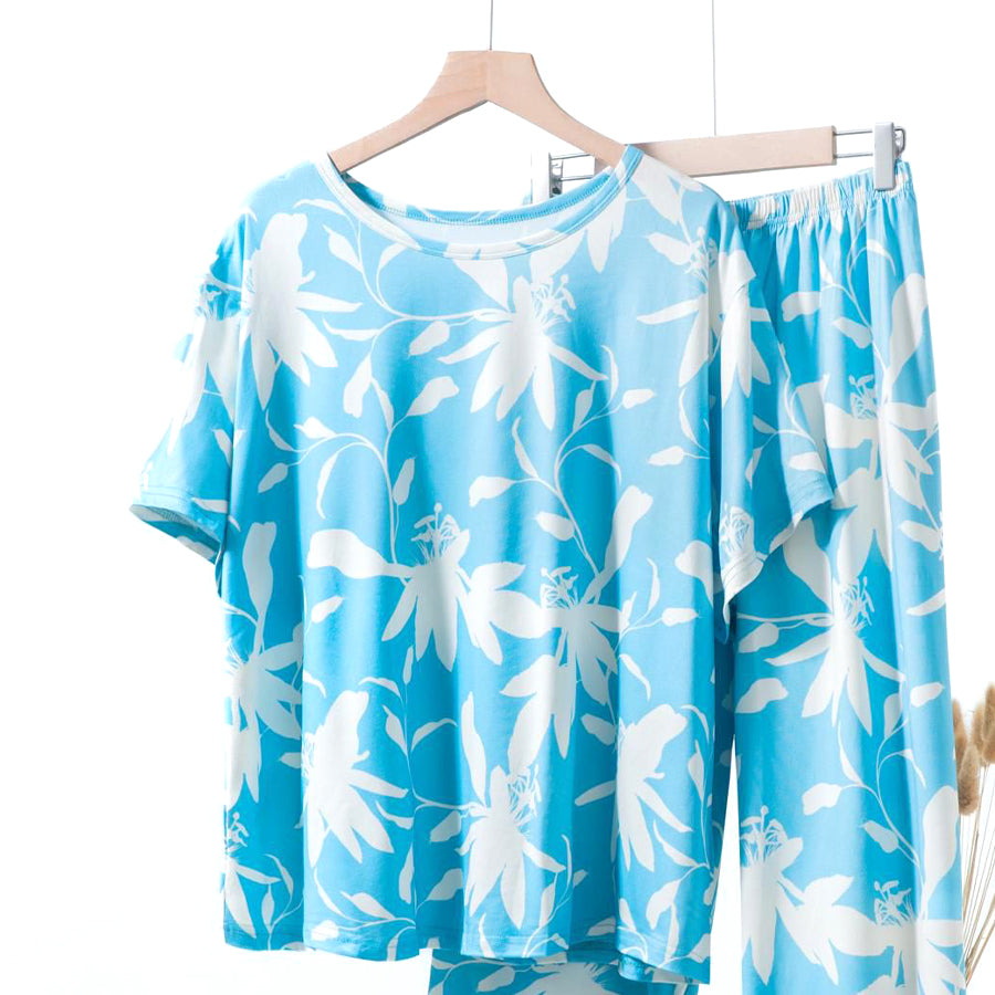 Leaves Ladies Loungewear Pajama Set - Sky Blue