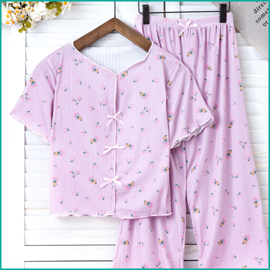 Tulips Ladies Crop T-Shirt Loungewear Pajama Set - Pink