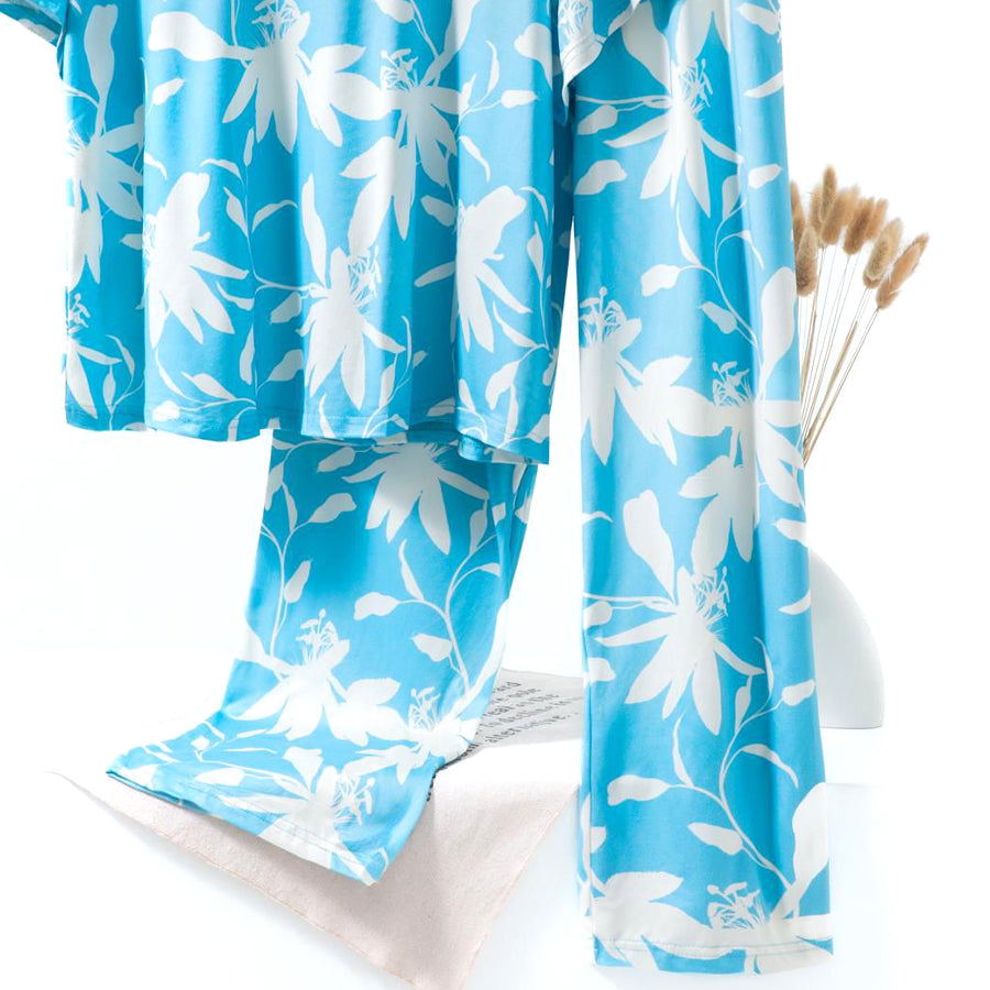 Leaves Ladies Loungewear Pajama Set - Sky Blue