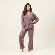 V-Neck Plain Full Sleeves Ladies Pajama Set - Purple