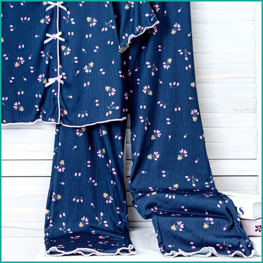 Tulips Ladies Crop T-Shirt Loungewear Pajama Set - Blue