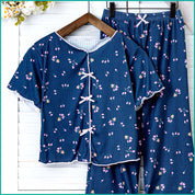 Tulips Ladies Crop T-Shirt Loungewear Pajama Set - Blue