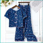 Tulips Ladies Crop T-Shirt Loungewear Pajama Set - Blue