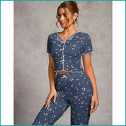 Tulips Ladies Crop T-Shirt Loungewear Pajama Set - Blue