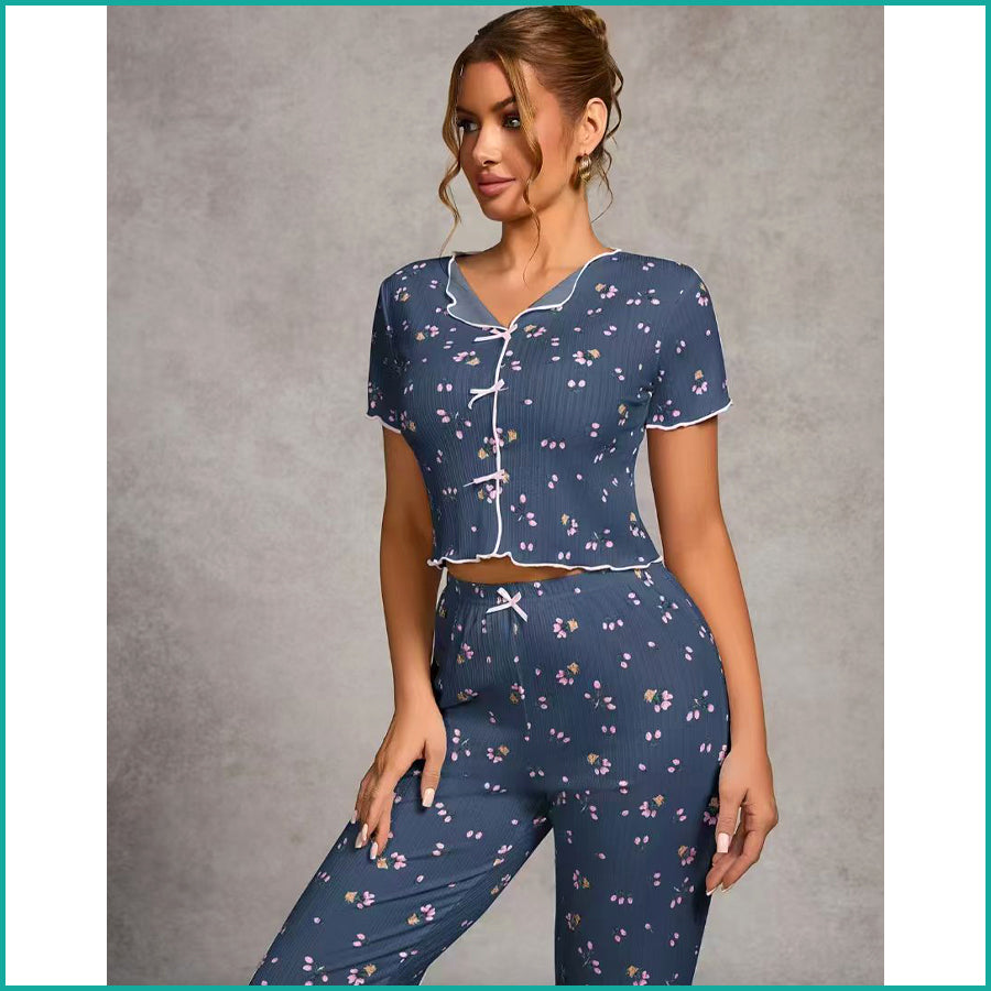 Tulips Ladies Crop T-Shirt Loungewear Pajama Set - Blue