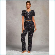 Tulips Ladies Crop T-Shirt Loungewear Pajama Set - Black