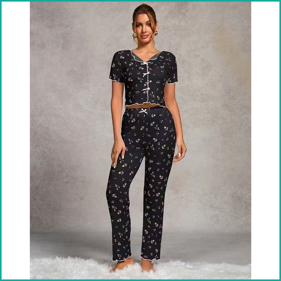 Tulips Ladies Crop T-Shirt Loungewear Pajama Set - Black
