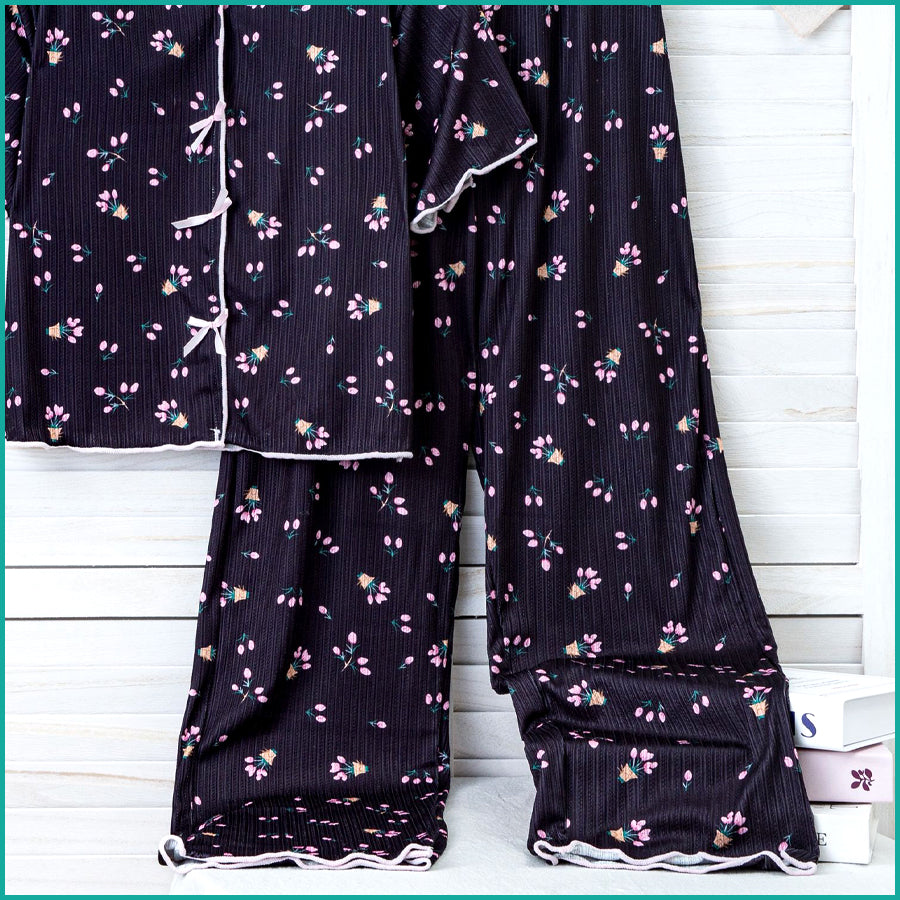 Tulips Ladies Crop T-Shirt Loungewear Pajama Set - Black